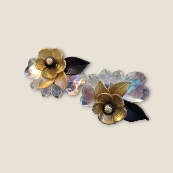 Vintage Gold & Clear Crystal Floral Clip-On Earrings Black Leaf Design Lightweig - Picture 3 of 6